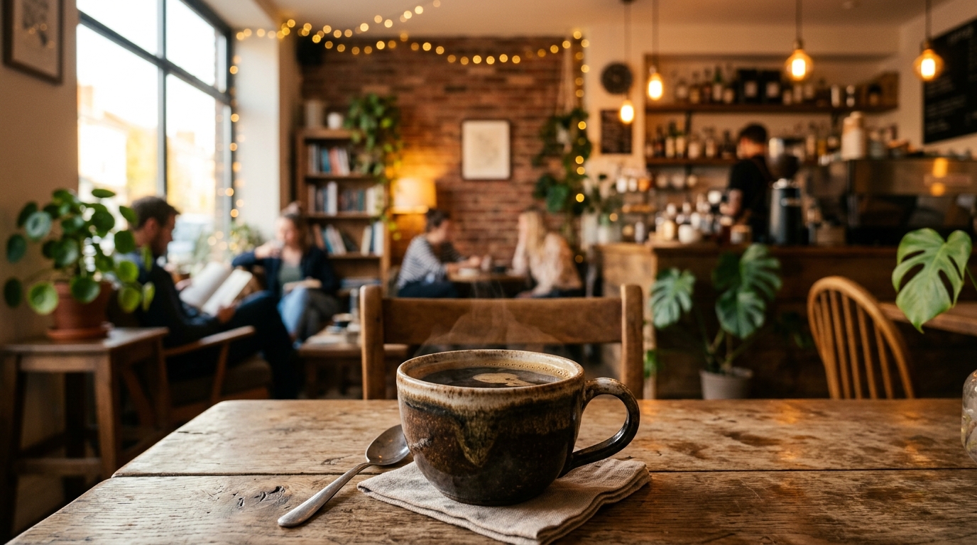 Cozy Cafe with Warm Coffee Cup